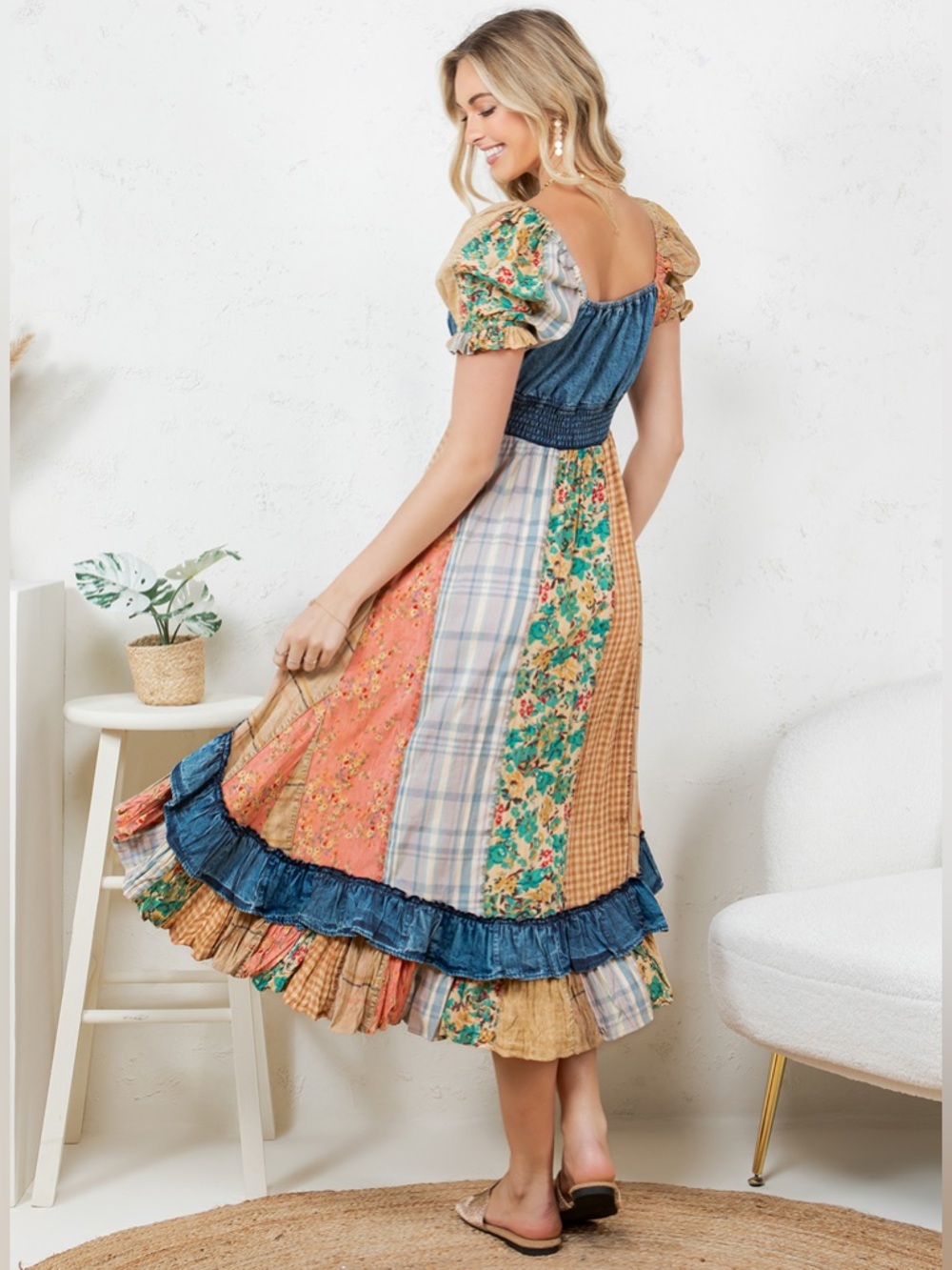 #192 Patchwork Floral Midi Dress with Puff Sleeves - Blue & Multi - Picture 2 of 3
